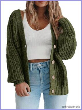 Plus Size Chunky Knit Button Front V Neck Cardigan Sweater Long Sleeve